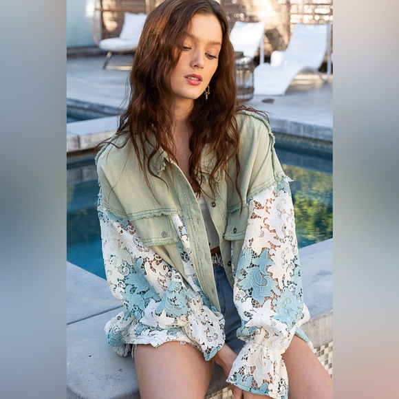 #30 New! Pol Gorgeous Sage Lace Shacket with detailed ruffled sleeves - Picture 6 of 6